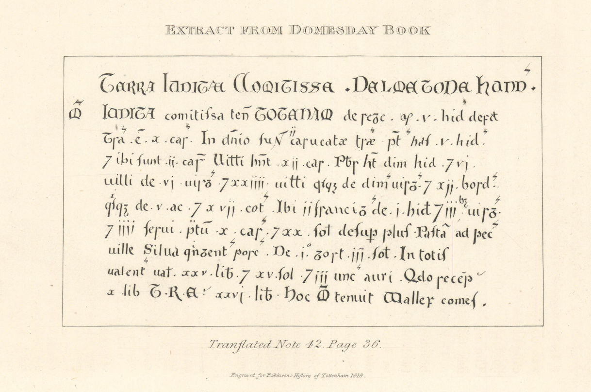 Extract from Domesday Book related to Tottenham 1840 old antique print picture